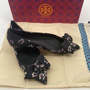 Tory Burch Rosalind Satin Stamped Ballet Flat with Bow 8.5 Dust Bag and Box!